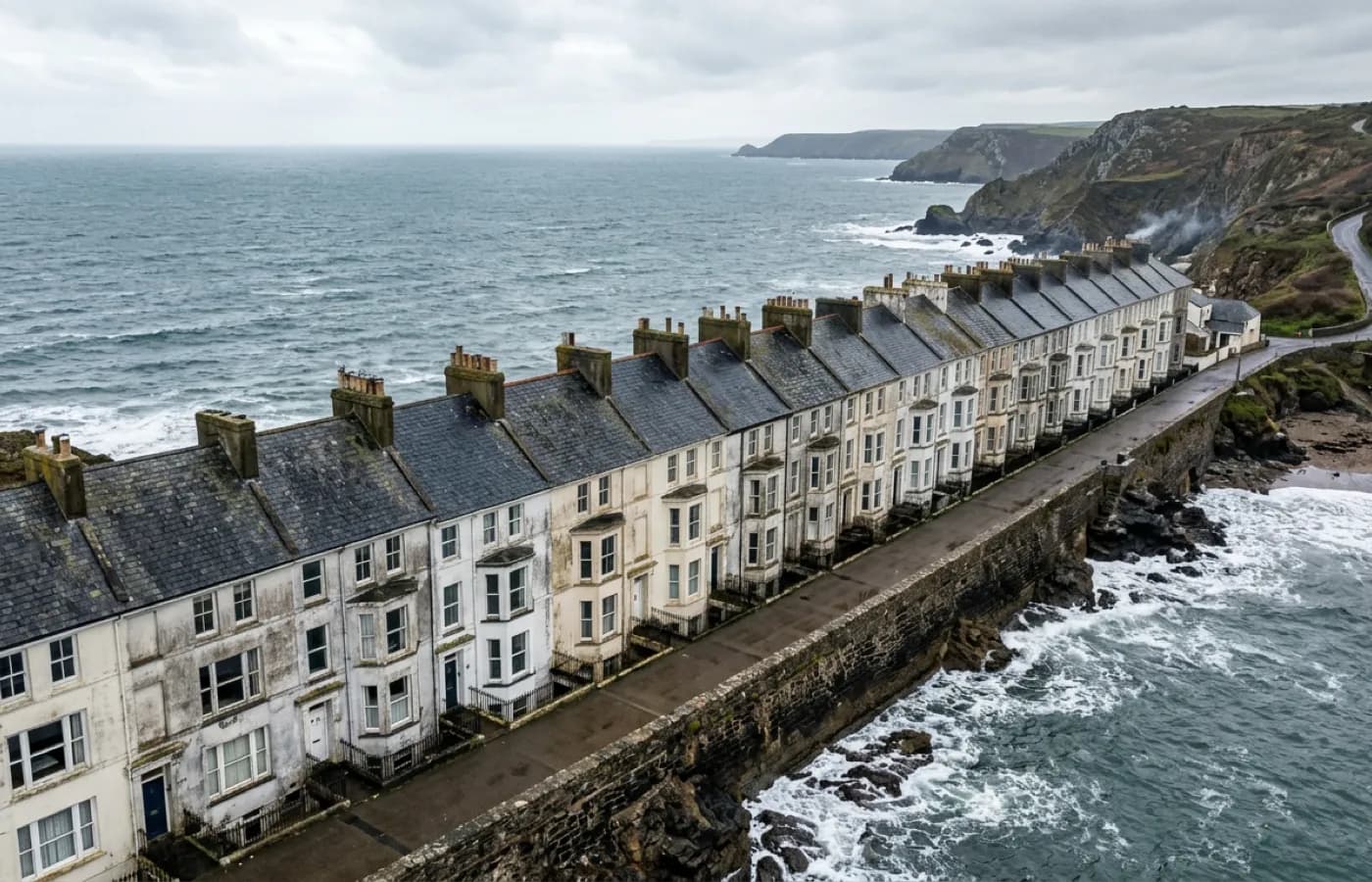 An exposed seafront terrace facing open water, the kind of site where ladder work is slow and unpleasant in most weather